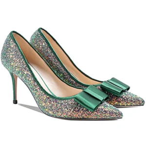 Woman High Heel Stiletto Women’s Pumps Green Satin Fabric Glitter Ladies Women Dress Shoes