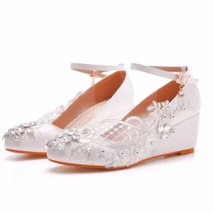 Women 5cm Wedge Heel White Lace Wedding Sandals Shallow Buckle Bridal Party Shoes