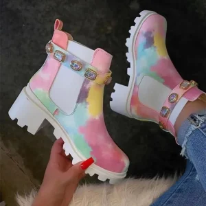 Women Ankle Boots Crystal Rhinestone Slip Platform PU Leather Booties Spring Summer Autumn Plus 5cm