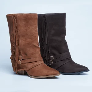 Women Autumn Spring Winter Suede Brown Plus Size Pointed Toe Square Heel Warm Calf Boot with Buckle Strap and Height Increasing