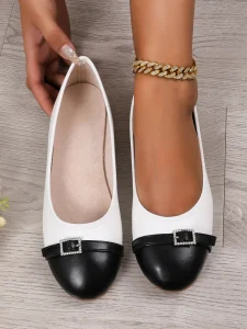 Women Autumn Two Tone Flat Shoes Rhinestone Buckle Mary Janes Soft Sole Daily Walking Ballet Flats