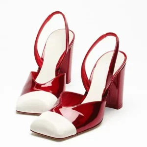 Women Back Strap Shoes High Chunky Heels Patchwork Pumps Dress Slingback Square Toe Bright Patent Color Mixed Sandals