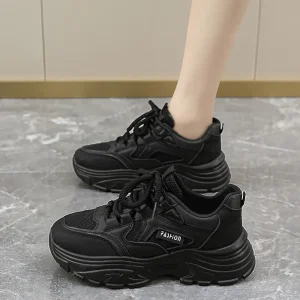 Women Beige Chunky Sneakers Mesh Panel Lace Up Design Stylish Casual Shoes for Women’s Fashion Outfits