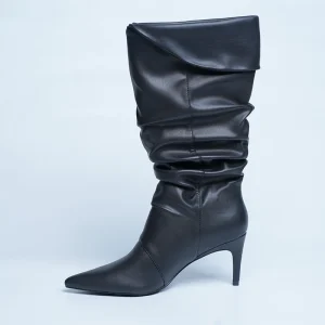 Women Black Genuine Leather Pointed Toe Knee High Heel Boots