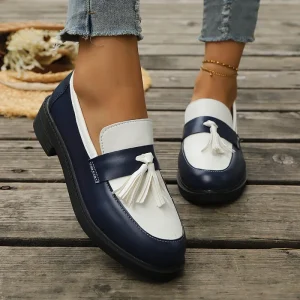 Women Black White Color Block Tassel Low Block Heel Slip on Loafers Preppy Campus Vintage Office Casual Dress Shoes