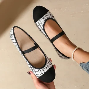 Women Black White Plaid Mary Jane Flats Two Tone Patchwork Pointed Single Strap Comfort Summer Daily Office Ballet Flat Shoes