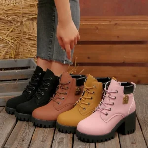 Women Boot New Style High Heel Short Boots Large Size Round Toe Lace Up Platform Fashion Boots