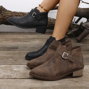 Women Boot Pointed Toe Boots With Belt Buckle Chunky Heel Style Mid-Heel Ankle Boots