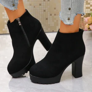 Women Boot Suede High Heel Short Boots Plus Size Round Toe Retro Side Zipper Fashion Boots