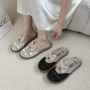 Women Bow Decor Lace Linen Patchwork Open Back Slide Mules for Casual Summer Daily Wear