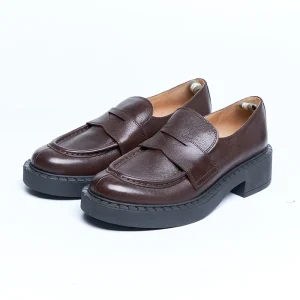 Women Brown Genuine Leather Casual Round Toe Slip-on Breathable Chunky Heel Loafers Flats