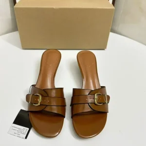 Women Brown Leather Double Band Gold Buckle Peep Toe Breathable Outdoor Slide Mules Slip Low Kitten Heel Summer Daily