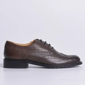 Women Brown Leather Round Toe Lace-Up Casual Loafers Flat Shoes Rubber Outsole All Seasons