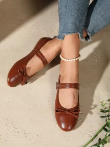 Women Brown PP Mary Jane Flats Double Buckle Straps Front Bow Toe Soft Comfort Daily Walking Shoes Summer Spring Work Shoes