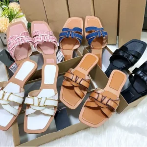 Women Casual Flat Summer Slipper Ladies Shoes and Sandals for Mules Luxury slippers square Toe Chaussures Pour Femmes