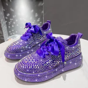 Women Casual Shoes Lace Up Platform Flats Sneakers Shoes for Women and Ladies Rhinestone Sneaker