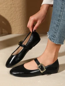 Women Classic Black Mary Jane Flat Shoes Soft PU Leather TPR Outsole Suede Lining Metal Buckle Strap Casual Slip Ballet Flats