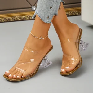 Women Clear Double Strap Open Toe Slide Sandals with Crystal Heel for Summer Casual Wear