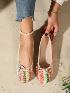 Women Colorful Woven Ballet Flats Sweet Bow Round Toe Slip on Flat Shoes Boho Breathable Casual Daily Walking Ladies Shoes