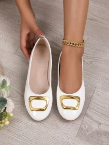 Women Comfortable Glossy PU Slip On Flat Shoes Metal Square Buckle Ballet Flats Casual Daily Dress Summer Spring White Gold