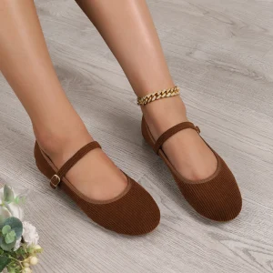 Women Corduroy Mary Jane Flats Round Toe Ankle Strap Buckle Slip On Shoes Casual Daily Walking Flat Ballet Shoes