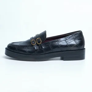 Women Custom Black Leather Office Comfortable Slip-On Flat Shoes