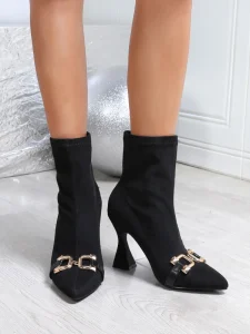 Women Elastic Fabric Sock Ankle Boots Pointy Toe Gold Buckle Flared High Heel Short Boot Trendy Nightclub Dress Footwear
