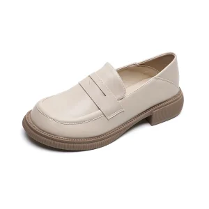 Women Flat Shoes Thick Heel Leather Chunky Loafer Shoes