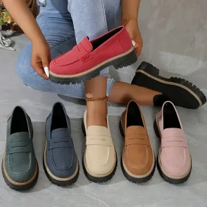Women Flat Shoes Thick Heel Loafers Women PU Leather Chunky Loafer Shoes