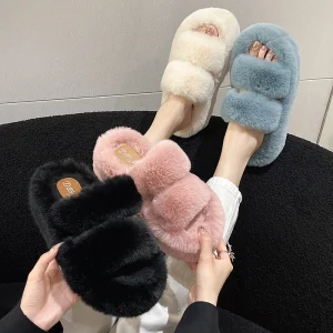 Women Furry Fluffy Faux Fur Slippers Outdoor Indoor Flat Shoes Casual Slides Home Fashion Fur Slippers
