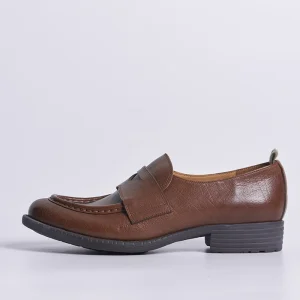 Women Genuine Leather Brown Round Toe Slip On Breathable All Seasons Business Loafers Flat Shoes Rubber Midsole Leather Lining