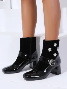 Women Glossy Black Mid Heel Ankle Boots Crystal Buckle Four Leaf Flower Embellishment Side Zip Fashion Dress Short Boots