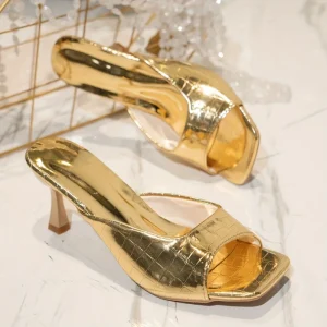 Women Gold Open Toe Heeled Mules with Croc Embossed Finish
