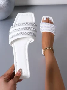 Women Hard-Wearing Light Weight Anti-Slippery Square Toe Rhinestone Flat Slides Sandals White PU Autumn Summer Beach for