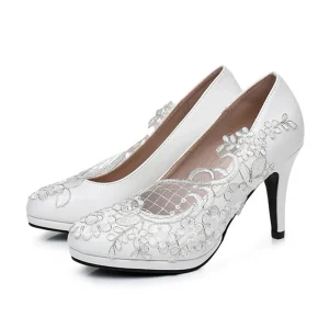 Women High Top Summer Wedding Party Shoes White Lace Mesh Rubber Solid High 5cm 8cm Heel Bride Shoes