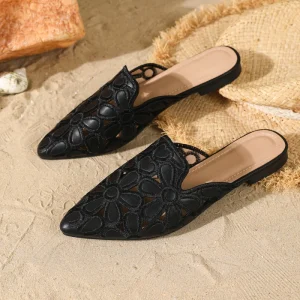 Women Hollow Floral Mule Slides Pointed Toe Cutout Flower Embroidery Flat Mules Casual Slip on Backless Shoes
