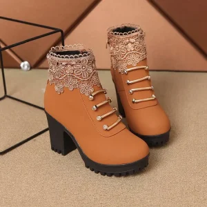 Women Ladies Fashion Leather British Style Solid Color Winter Women High Heel Boots Lace Rhinestone Shoes Boots