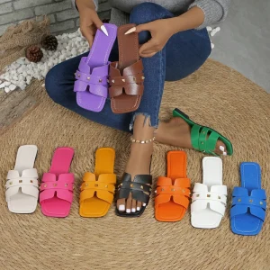 Women Large Size Solid Color Rivet Flat Sandals Multi color Shoes Anti Slip TPR Sole Slip On Outdoor Slides Slippers
