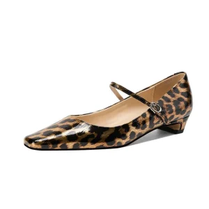 Women Leopard Print Single Strap Genuine Leather Loafers Slip-On Square Toe Casual Mary Jane Shoes