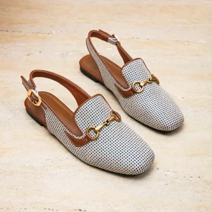 Women Linen Fabric Slingback Loafers Square Toe Flat Shoes Horsebit Light Weight Breathable Casual Shoes