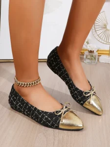 Women Linen Tweed Bow Ballet Flats Black Gold Contrast Color Comfortable Dress Shoes