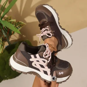 Women Mesh Color Block Lace Up Platform Sneakers Chunky Sole Retro Casual Sports Shoes for Ladies