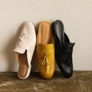 Women Mules Shoes Genuine Leather Vintage Round Toe Low Heel Slippers Sizes 42