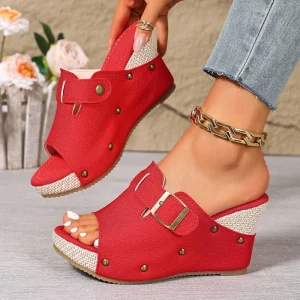 Women Open Toe Platform Wedge Heel Slide Sandals Single Strap Rivet Decor Espadrille Shoes Casual Summer Footwear for Ladies
