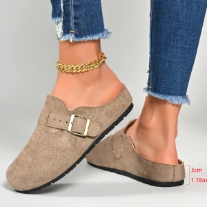 Women PU Clogs Mules Round Toe Flat Heel Metal Buckle Decor Slip-on Shoes Casual Daily Footwear for Ladies