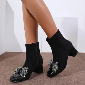 Women Patchwork Ankle Boots Rhinestone Bow Side Zipper Block Heel Short Boots Elegant Party Dress Suede Booties