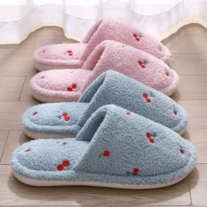 Women Plush Lined Indoor Slides Cotton Plush Winter Home Slippers