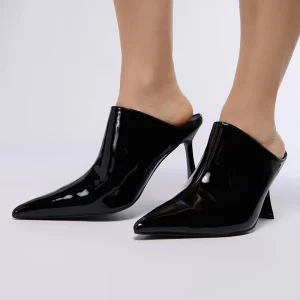 Women Point Toe Mid Heeled Mules Slipper Black Mule Pump High Heel Slipper