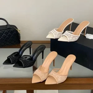 Women Pointed Toe Mules Mesh Flower Beaded Stiletto Heels 9CM Heel Slide Sandals Slip-On Dress Shoes for Wedding