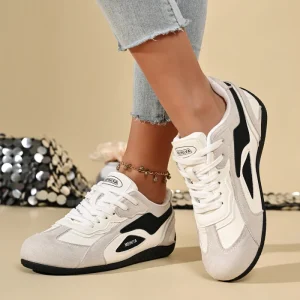 Women Pu Color Block Lace up Sneakers Flat Heel Retro Casual Sports Shoes Fashion Daily Footwear for Ladies